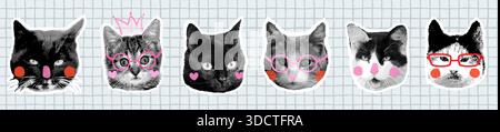 Funny cat faces vector halftone collage set, Funky half tone animal kitty head graphic elements, modern pop style design Stock Vector