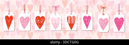 Cute vector set Valentine's Day gift tags with hand drawn doodle hearts, romantic cards with pink and red heart shapes for wedding and Mother's Day de Stock Vector