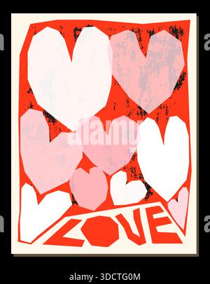 Cute vector greeting card for Valentine's day with collage geometric hearts on grunge textured background for packaging design, art decor Stock Vector