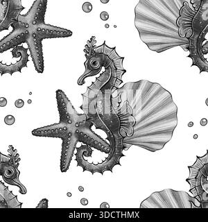 watercolor graphics seamless pattern with seahorse, starfish, seashells and bubbles on white background. Underwater marine design for fabric, textile, Stock Photo