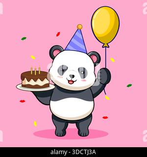 Cute Panda Celebrating Birthday with Cake and Balloon Vector Illustration Cartoon Design Stock Vector