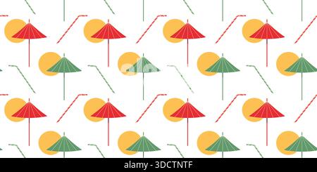 Drinks straw and Cocktails umbrellas Seamless Pattern Vacation Relax Summer Background Banner Format. Isolated Vector illustration Summer or Vacation Thematic Cards Bar Cafe, leaflets, media post, tag Stock Vector