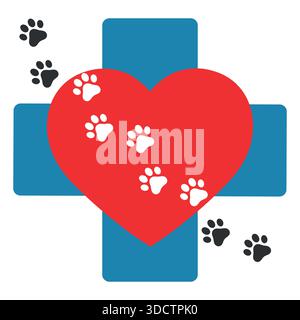 Veterinary medicine logo illustration. Traces of animals in the heart on the background of a medical cross Stock Vector
