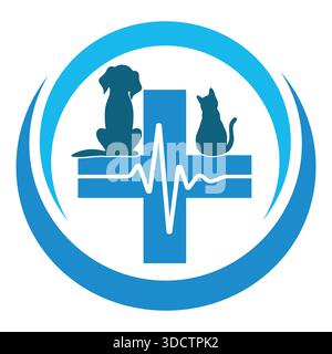 Veterinary medicine logo illustration. Silhouette of a dog and a cat in a circle on the background of a medical cross Stock Vector