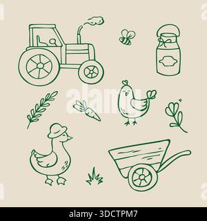 A collection of line drawings of farm animals and garden equipment Stock Vector
