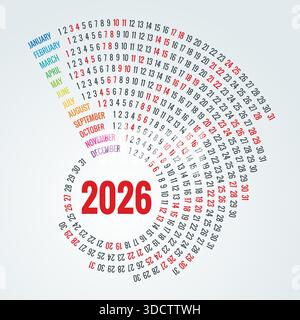 Circular Calendar planner for 2026. 2026 calendar design, set of 12 months. Elegant yearly planner layout for business, corporate documents, reports Stock Vector