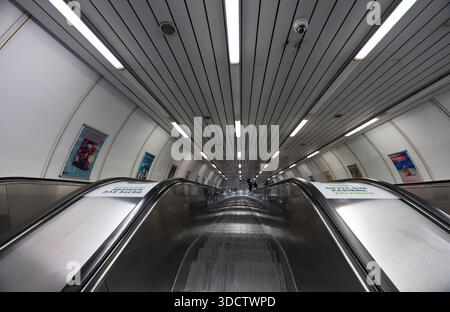 Prague, Czech Republic - 11.05.2025: Long escalator in Prague metro station. Stock Photo