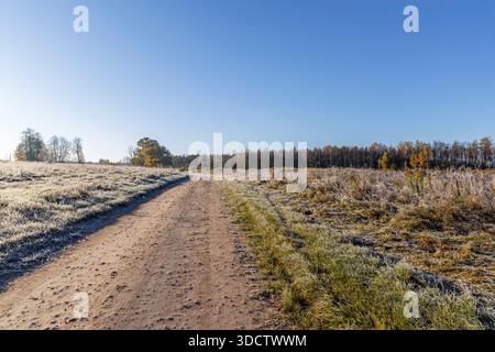 Panoramic shot of a countryside dirt road cutting through frosty meadows and fields in late autumn. Stock Photo