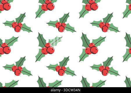 Festive seamless pattern with holly. Vibrant green leaves and red berries in a flat style. Stock Vector