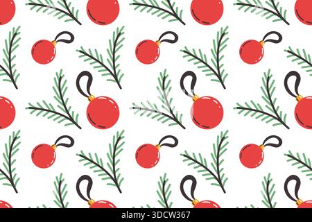 Festive seamless pattern with Christmas tree decorations and fir branches. Evergreens and red ornaments in a flat style. Stock Vector