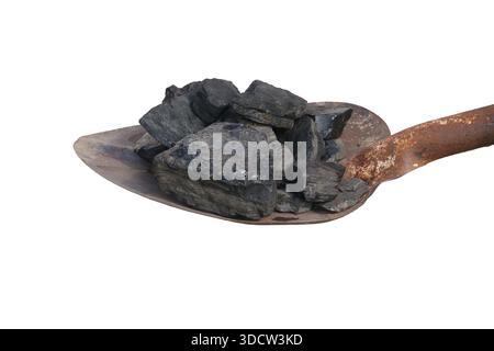 A shovel with coal on a white background. There are large pieces of coal in the shovel. Stock Photo