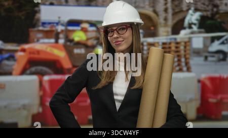 Woman engineer wearing white hardhat and glasses holds rolled plans and shows hands at building site with pallets and machinery visible; confidence pl Stock Photo