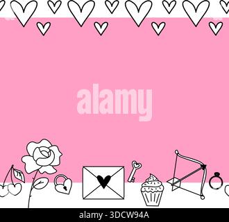 Valentine's Day Frame seamless horizontal border. Vector graphic line black and white illustration. For poster, invitation, backdrop, ad, sale promoti Stock Vector