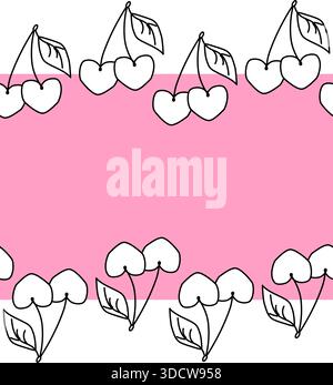 Cherry Berries And Leaves Valentine's Day Frame seamless horizontal border. Vector graphic line black and white illustration. For logo, web, package, Stock Vector
