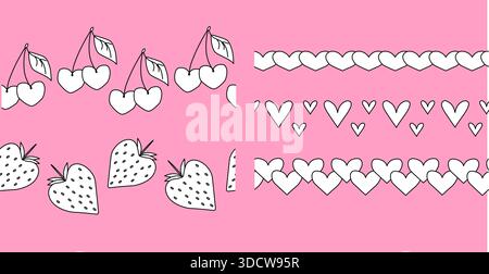 Valentine's Day seamless horizontal border set. Vector graphic line black and white illustration. Sample poster, invitation, holiday banner, postcard. Stock Vector