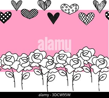 Heart doodle with rose flowers. Valentine's Day Frame seamless horizontal border. Vector graphic line black and white illustration. For logo, web, pac Stock Vector