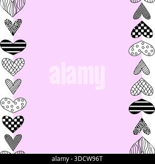 Heart Line Art Valentine's Day Frame seamless vertical border. Vector graphic line black and white illustration. Banner, poster, wrapping paper, stick Stock Vector