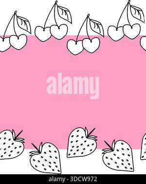 Cherry berries and strawberries Valentine's Day Frame seamless horizontal border. Vector graphic line black and white illustration. Sample poster, inv Stock Vector