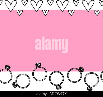 Hearts and diamond ring Valentine's Day Frame seamless horizontal border. Vector graphic line black and white illustration. Banner, poster, wrapping p Stock Vector