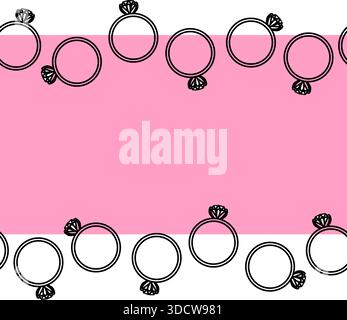 Diamond rings Valentine's Day Frame seamless horizontal border. Vector graphic line black and white illustration. For poster, invitation, backdrop, ad Stock Vector