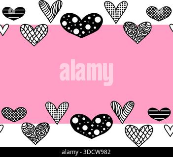 Heart Line Art Valentine's Day Frame seamless horizontal border. Vector graphic line black and white illustration. Banner, poster, wrapping paper, sti Stock Vector