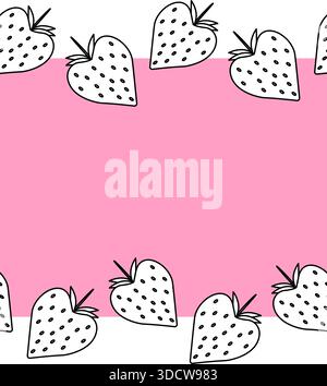 Strawberry Valentine's Day Frame seamless horizontal border. Vector graphic line black and white illustration. for kids illustrations, food packaging, Stock Vector
