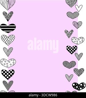 doodle heart. Valentine's Day Frame seamless vertical border. Vector graphic line black and white illustration. For poster, invitation, backdrop, ad, Stock Vector