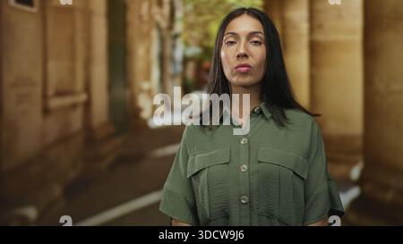 Woman facing camera showing face and relaxed posture standing on an old town street; quiet confidence. Stock Photo