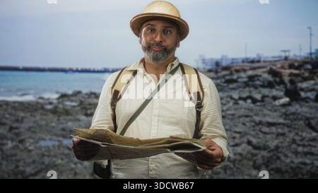 Man middle aged bearded holding map and wearing pith hat and backpack at rocky seaside building, looking puzzled; travel curiosity. Stock Photo