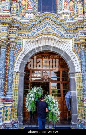 Puebla Mexico,San Andres Cholula,Templo de San Francisco Acatepec,Roman Catholic church,exterior,facade,entrance,archway,Talavera tiles,ceramic mosaic Stock Photo