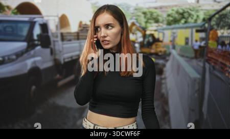 Young redhead woman in black top holds phone to ear and gestures with hand in a busy street construction zone by a white truck and barricade; frustrat Stock Photo