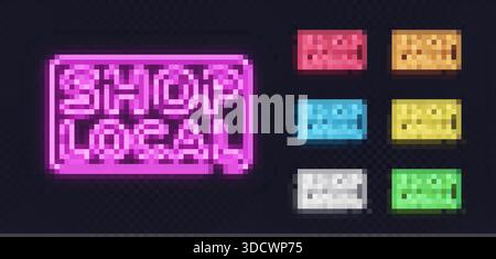 Shop Local neon lettering in glowing purple style, perfect for announcements, recruitment or event invitations. Stock Vector