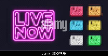 Collection of glowing LIVE NOW neon signs, perfect for streaming banners, live updates or digital announcements. Stock Vector