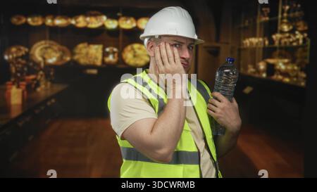 Man engineer wearing white hardhat and yellow hi vis vest holding plastic water bottle, hand covering mouth while examining exhibits inside museum bui Stock Photo