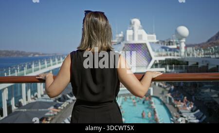 Woman standing with outstretched arms and hands on railing on cruise deck overlooking pool and sea; serenity travel escape. Stock Photo