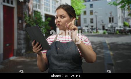 Woman in apron taps tablet on street while checking orders and pointing at tablet screen; focus efficiency. Stock Photo