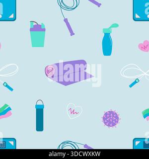 Seamless vector fitness pattern with sports equipment icons on light background. Ideal for gym branding, activewear, packaging, and wellness design. Stock Vector