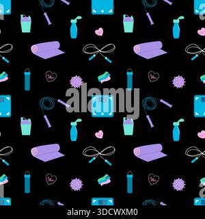 Vector seamless fitness pattern with gym icons including bottle, mat, rope, heart and scales on dark background for sports design and wellness branding. Stock Vector