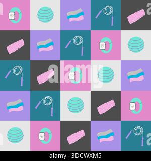 Vector seamless fitness pattern with gym icons on colorful grid background. Includes rope, mat, ball, tracker and towel for sport and wellness design. Stock Vector