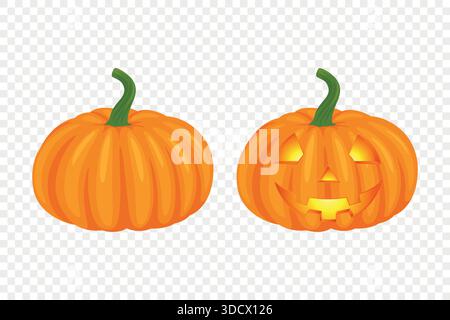 Vector Halloween Pumpkin Set with Carved Faces. Cute Cartoon Pumpkins Set. Colorful Halloween Stickers for Autumn Harvest, Fall Decoration Stock Vector