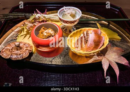 Fine Japanese cuisine served on a tray at Hotel Kuroshio Sou in Shirahama, Wakayama Prefecture, Japan Stock Photo