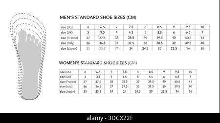 Standard shoe sizes chart flat set. Multi region sizing conversion for training, project and documentation. Technical fashion illustration CAD mockup mixed vector men unisex isolated chic style Stock Vector