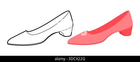 Pink low heel pump shoe women flat plus line set. Closed toe dress shoe for office, event, travel outfit. Technical fashion illustration, CAD mockup, mixed vector men unisex isolated stylish style. Stock Vector