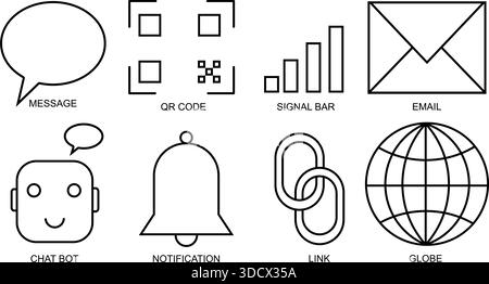 8 black-and-white line icons for digital communication concepts including message, QR code, signal bar, email, chatbot, notification, link, globe Stock Vector