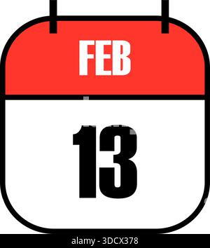 Red and white calendar icon showing February 13 date in bold black font, ideal for Valentine’s week, event reminders, or seasonal content planning Stock Vector