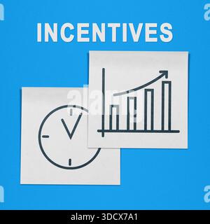 Incentives shown using hand drawn graph and clock on sticky notes placed on a blue background. Stock Photo