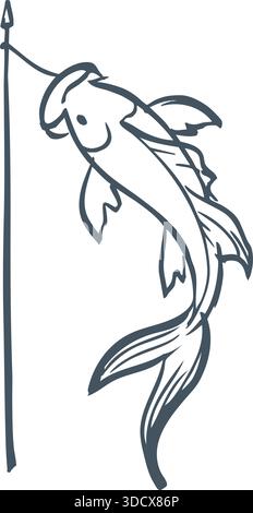 Sketch of a fish caught on a hook hanging from a vertical fishing line. Stock Vector