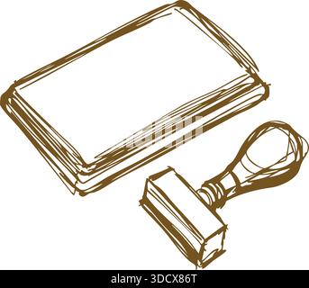 Stack of documents next to a classic rubber stamp ready for approval. Stock Vector