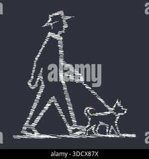 White chalk-style silhouette of a person walking a leashed dog on a dark field. Stock Vector