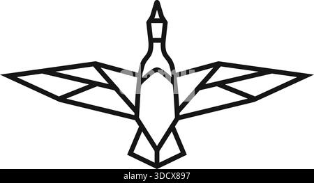 Geometric line drawing of a folded paper crane with outstretched wings. Stock Vector
